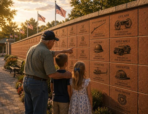 Elderly man with two children reading a war memorial wall.