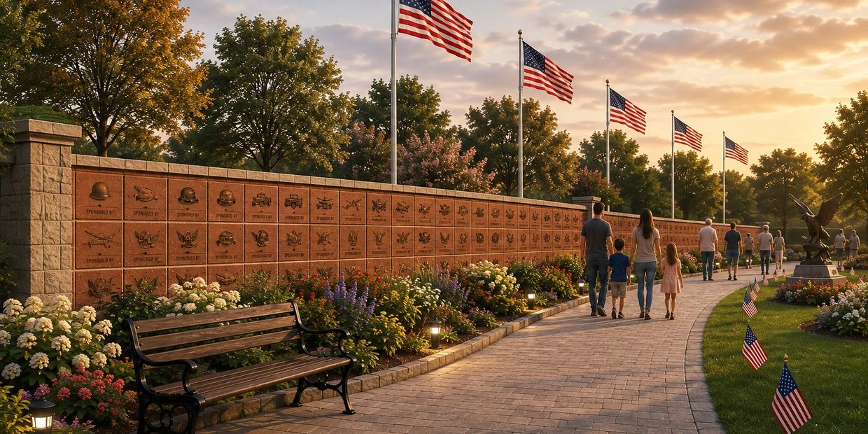 People walking in a memorial park with American flags.