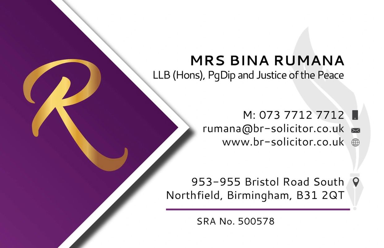 Business card of Mrs. Bina Rumana, solicitor with contact details and address in Birmingham.