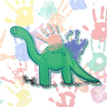 A cute green dinosaur with colorful handprints in the background.