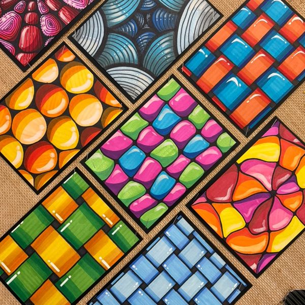 Colorful abstract art cards with geometric and organic patterns.
