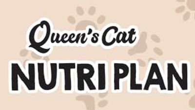 Logo for Queen's Cat Nutri Plan with paw prints background.