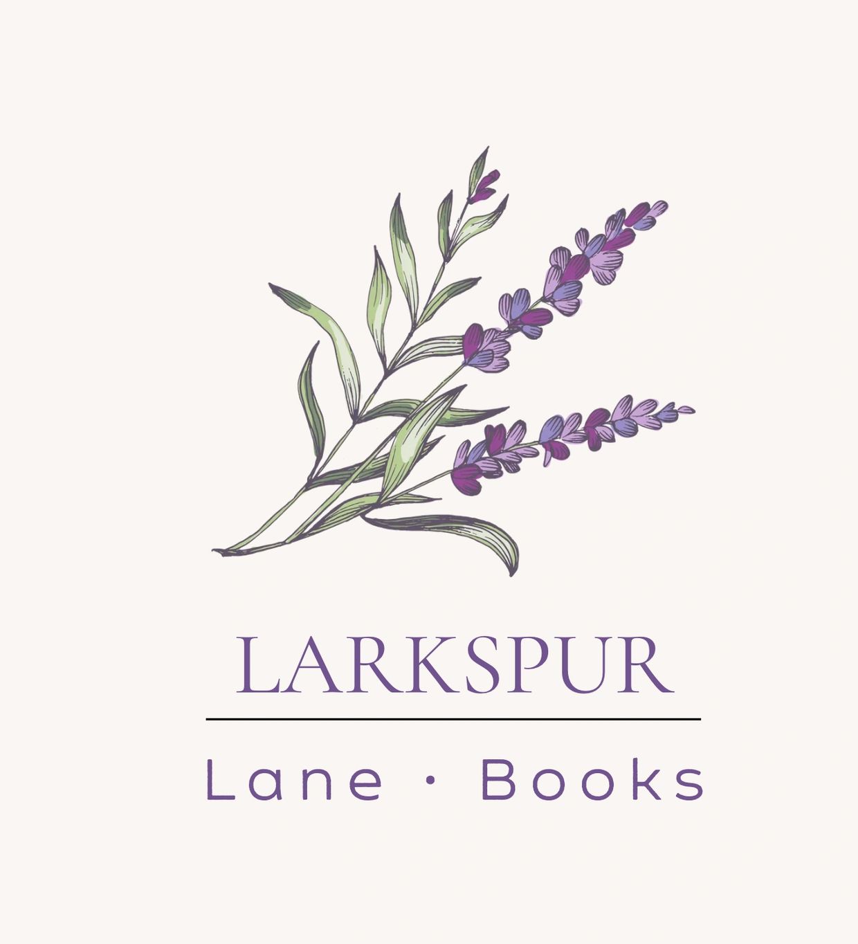 Elegant logo of Larkspur Lane Books with purple flowers and green leaves.