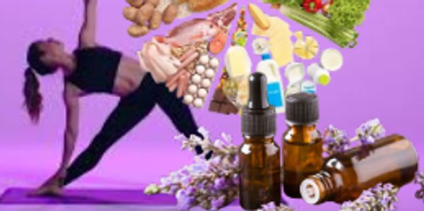 A photo album with Oil water Lavender flowers With medicine and women doing yoga