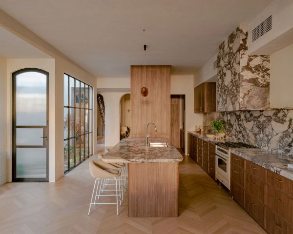 Canterbury kitchen in Middle Park, with timber joinery and patterned stone.