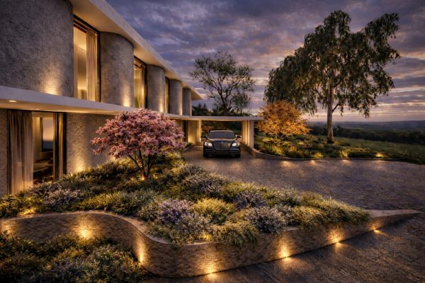 Harkaway concept residence and landscaped arrival. 3D visualisation: OR Architecture.