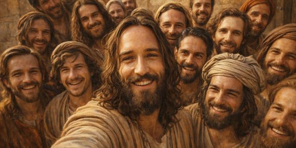 Group of men in ancient attire smiling for a selfie.