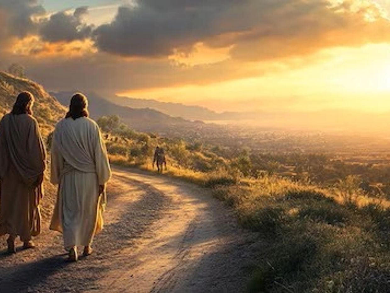Two figures walk a sunlit path during sunset in a serene, hilly landscape.