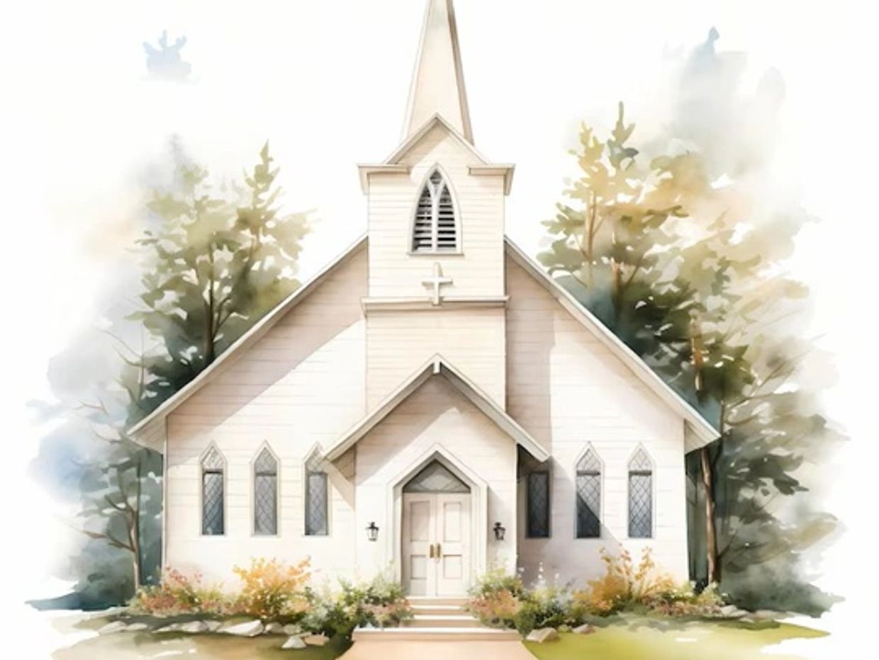 A charming white church with tall windows and a steeple surrounded by trees.