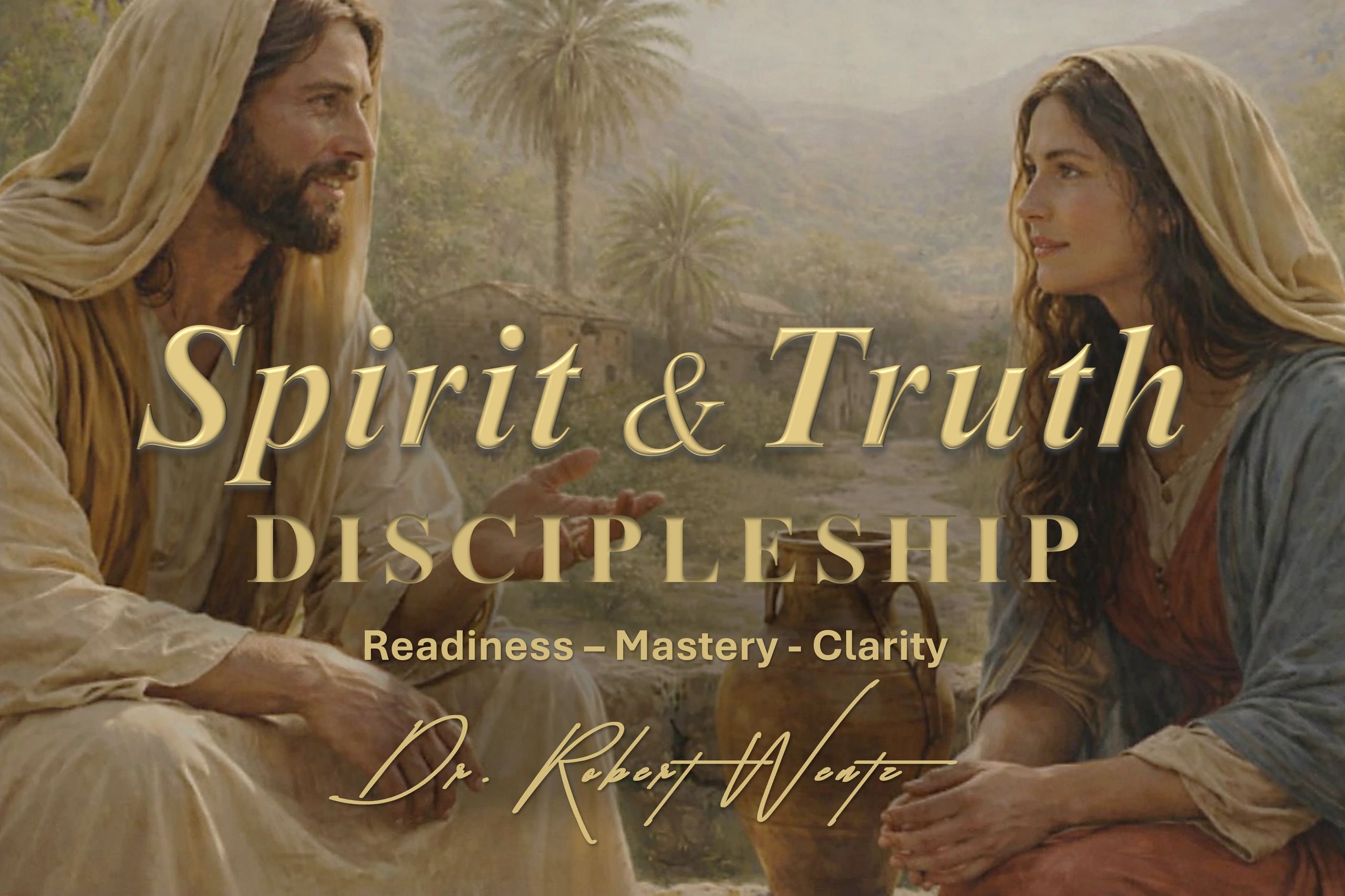 Two people in biblical attire having a conversation outdoors with text about discipleship.