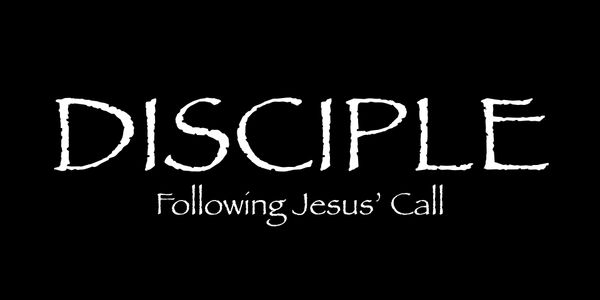 Text saying 'DISCIPLE Following Jesus' Call' on a black background.