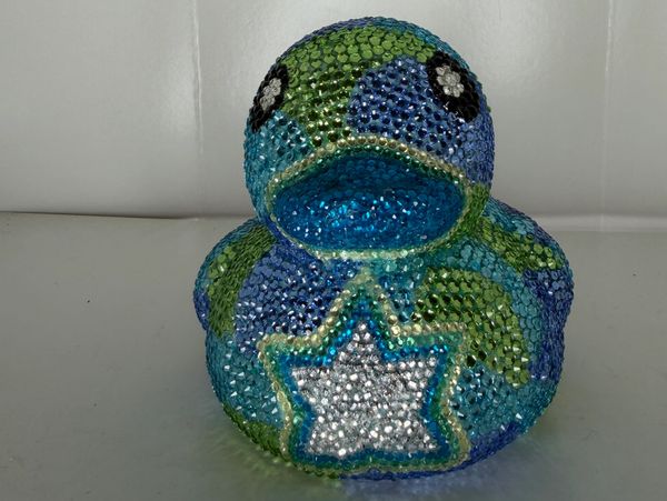Beautifully customized blue and green rhinestone duck!