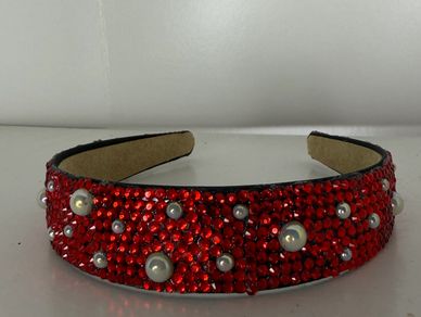 Beautifully customized headband with red rhinestones and white pearls!