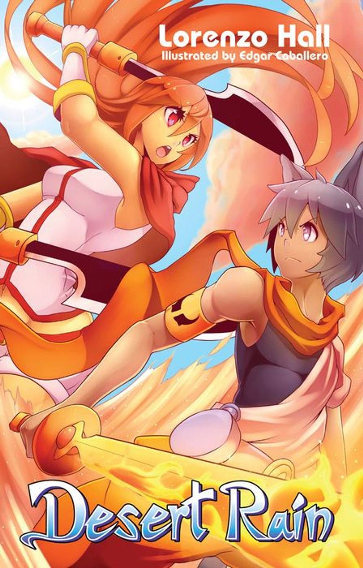 Cover of a book by Lorenzo Hall that you can buy! It's called Desert Rain It's got a cat eared boy with a cool flame sword and a girl swinging two big knives.