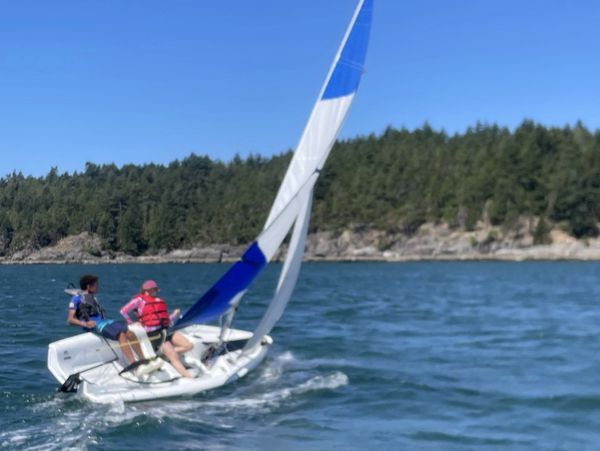 Two people sailing a small boat with blue and white sails on a sunny day.