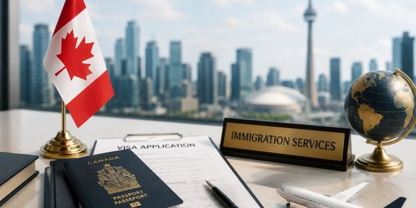 Desk setup with Canadian passport, visa application, and immigration services sign.