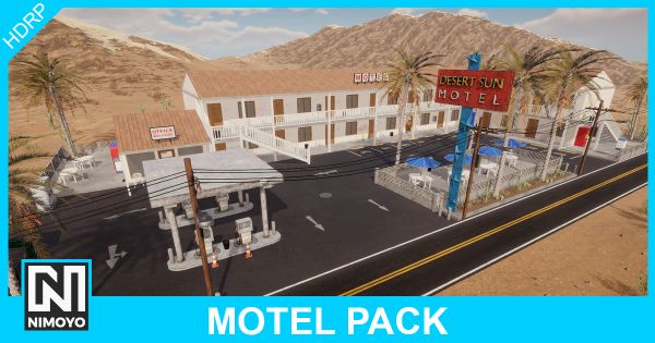 Çölde motel ve benzin istasyonu manzarası.