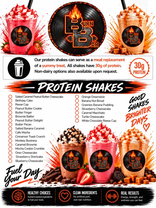 Burn Bar protein shakes with 30g protein and various flavors.
