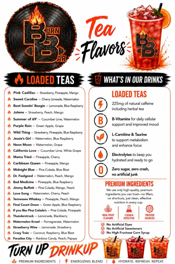 Menu of loaded tea flavors with health benefits and ingredients.