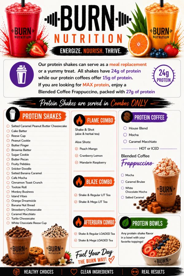 Burn Nutrition protein shakes and combos menu with protein content details.