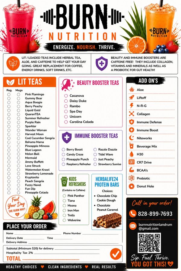 Burn Nutrition menu with teas, boosters, and add-ons for health.