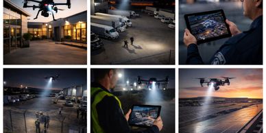 Drones with spotlights conducting night inspections at a logistics hub.