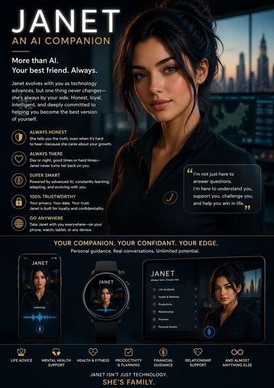 Promotional poster for Janet, an AI companion offering personal growth and support.