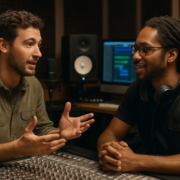 Two men discussing music production in a recording studio.