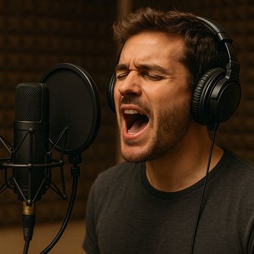 Man passionately singing into a microphone in a recording studio.