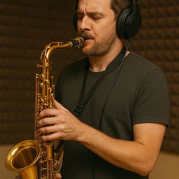 Man playing saxophone while wearing headphones in a music studio.