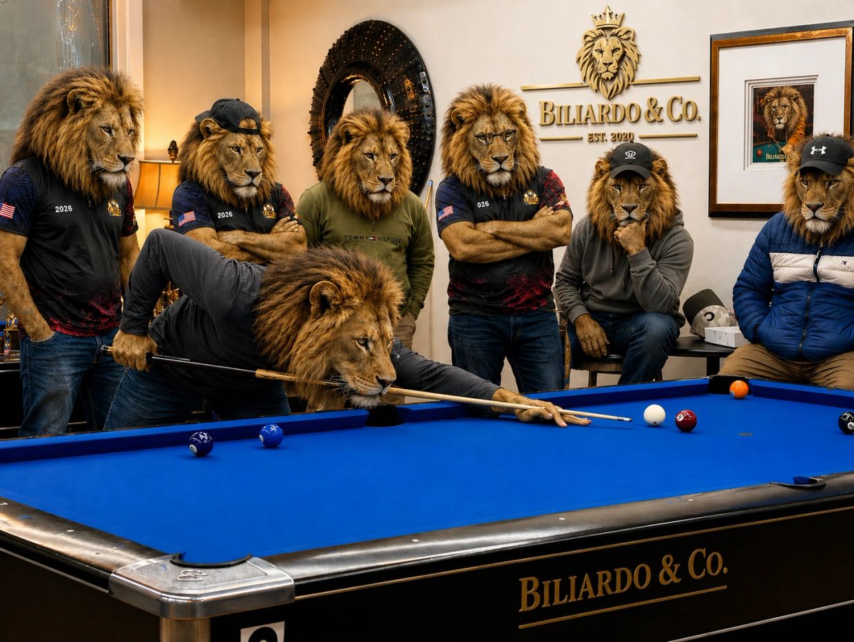 A group of anthropomorphic lions playing billiards in a stylish room.