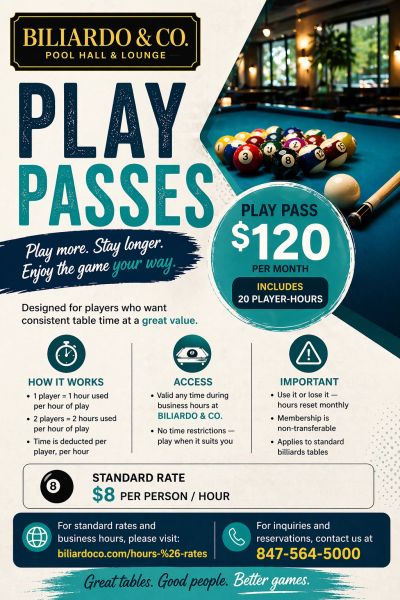 Biliardo &amp; Co. offers $120 monthly play passes for 20 player-hours at pool hall and lounge.