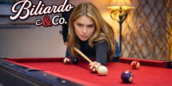 Focused woman playing billiards on a red felt table.