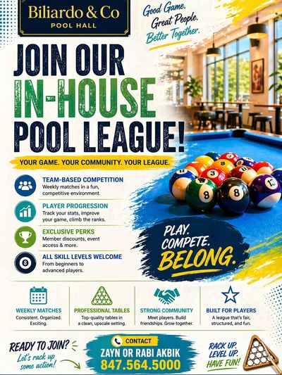 Join Biliardo & Co's in-house pool league for fun, competition, and community.