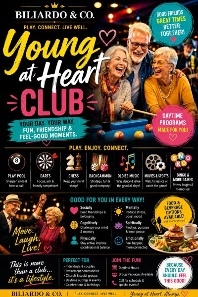 Seniors enjoying games and social activities at Young at Heart Club.