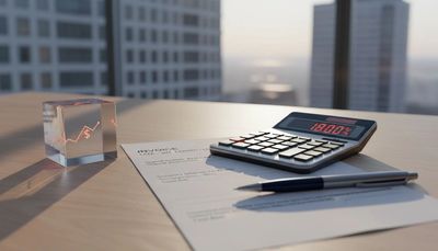 Calculator, invoice, and pen on a desk with a city view.