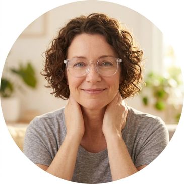 Smiling woman with curly hair and glasses in a cozy room.