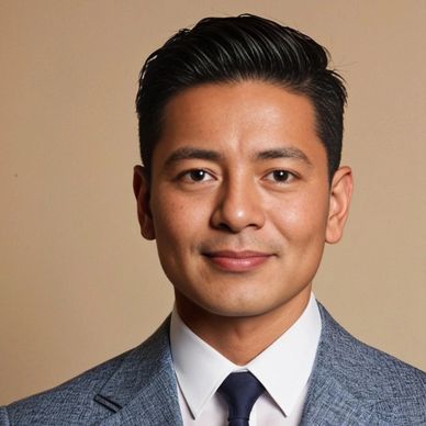 Smiling man in a blue suit and tie against a beige background.