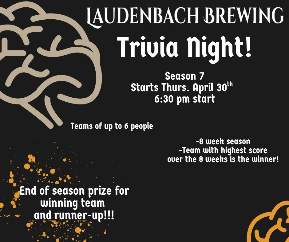 Laudenbach Brewing Trivia Night starts April 30th, teams up to 6, 8-week season with prizes.