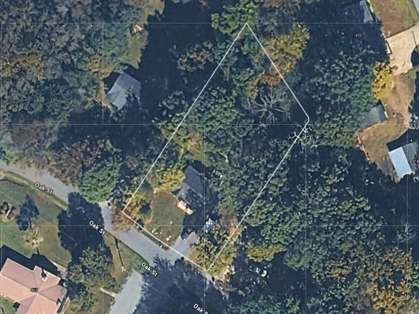 Aerial view of a tree-covered residential area with a house and driveway.