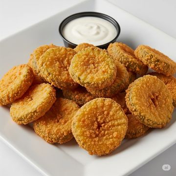 A plate of crispy fried pickles with a side of creamy dipping sauce.