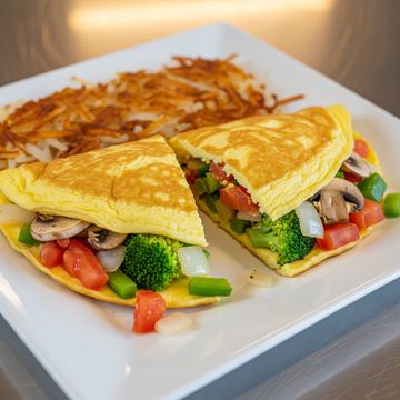 Two egg omelet with fresh tomato, broccoli, mushrooms, green peppers and diced onions. 