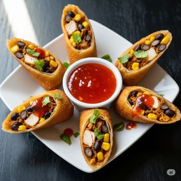 Mexican egg rolls filled with chicken, black beans and corn with a side of red dipping sauce.