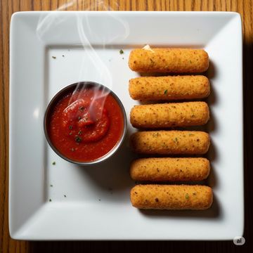 Crispy mozzarella sticks with steaming marinara sauce on a white plate.