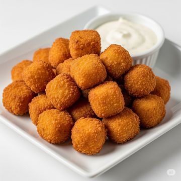 Golden fried cheese curds with creamy ranch dip on a white plate.