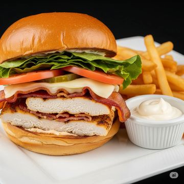 A chicken bacon sandwich with a side of fries and dipping sauce on a white square plate. 