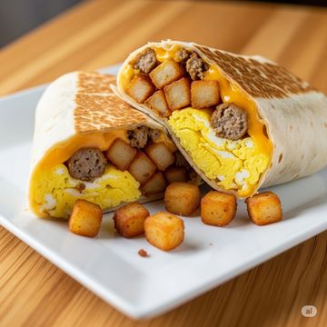 A hefty breakfast burrito filled with melted cheese, egg, potatoes and sausage sitting on a plate. 