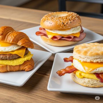 Three different breakfast sandwiches all sitting on their own white plate.