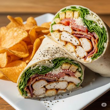 A chicken bacon wrap with side of house potato chips sitting on a white plate. 