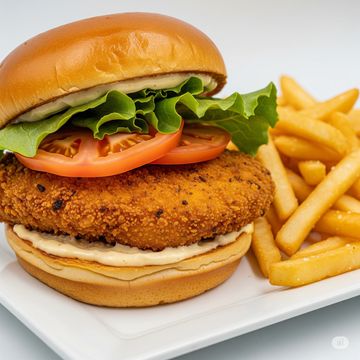 A crispy chicken sandwich with a side of fries served on a white square plate. 